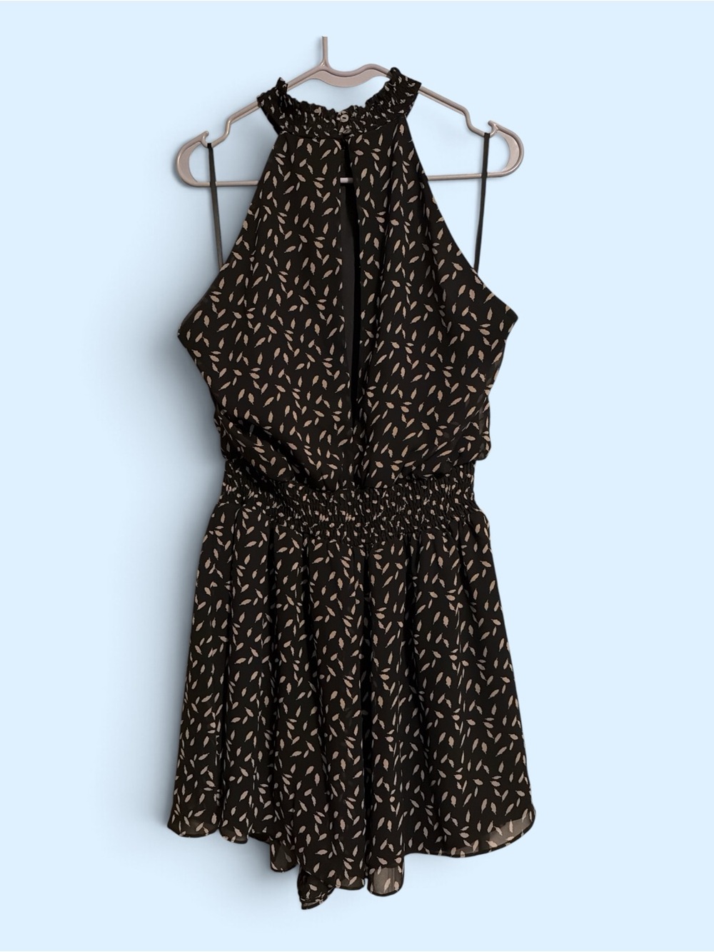 She + Sky Black Feather Print High Neck Smocked Romper Skort 1XL